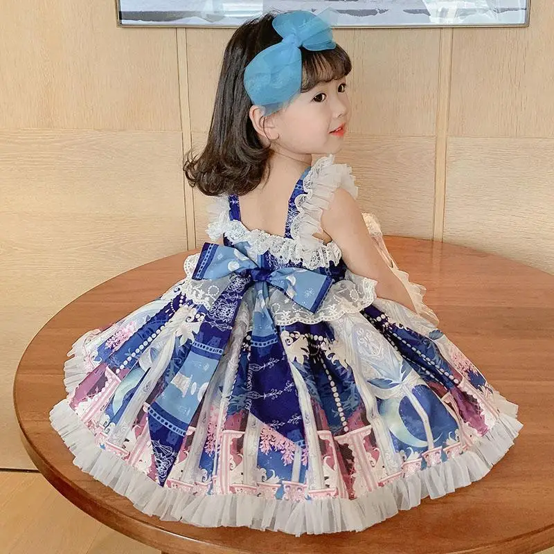 

Cekcya 2Pcs Children Spanish Lolita Princess Dresses Girls Summer Spain Lace Dress with Hairband Toddler Printing Vestidos