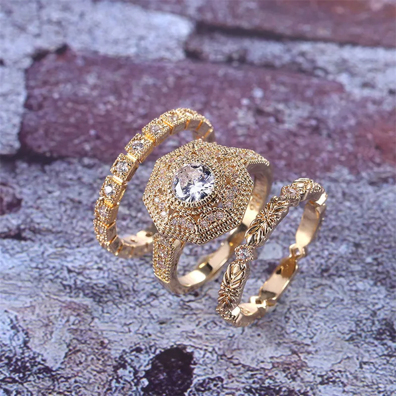 FFLACELL Vintage 3-in-1 ring sets Bague AAAAA cz statement Party Wedding Band Rings for women Birdal Fashion Jewelry | Украшения и