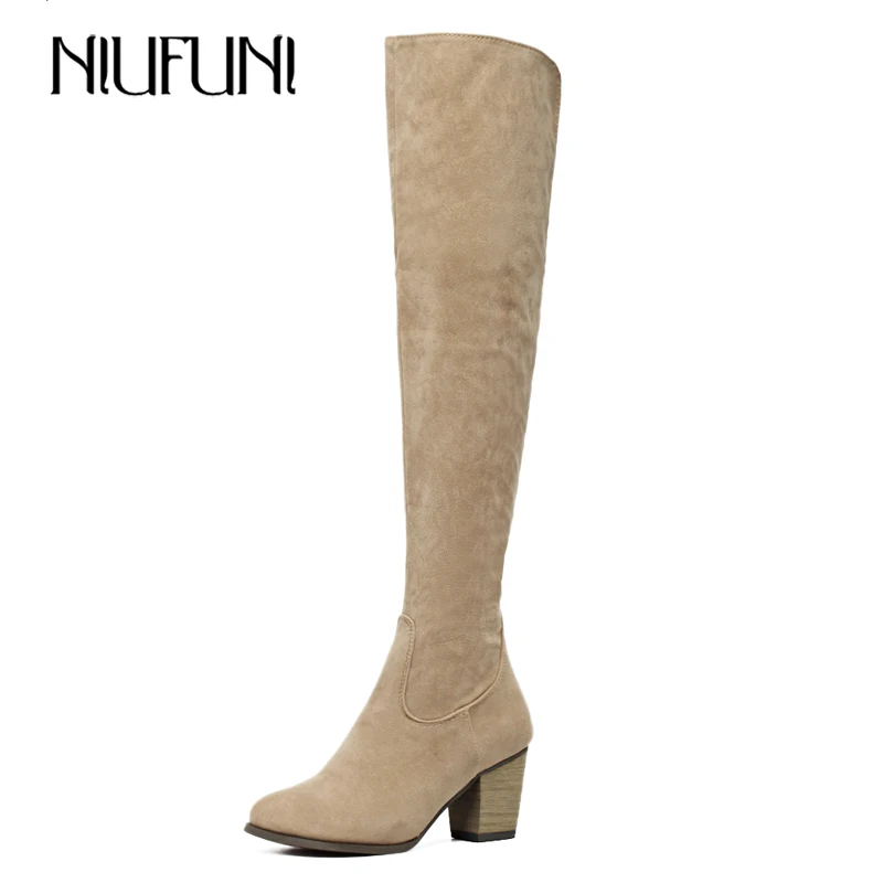 

NIUFUNI Flock Leather Slim Over The Knee Boots 2019 Winter Shoes Women Round Toe Chunky Heel Botas Mujer Fashion Knight Boots