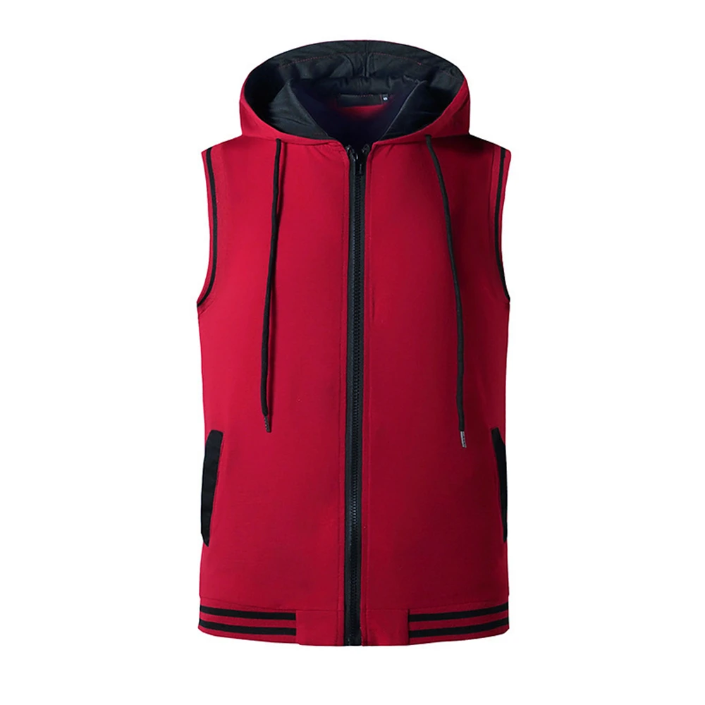 

Men Casual Hooded Vest Fitness Sports Home Leisure Travel 2021 Spring And Autumn New Black Red Wine Man Waistcoat