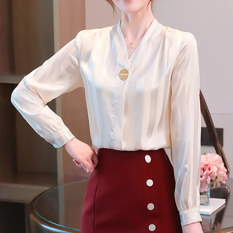 

Blusas mujer 2020 нoвинкa сплoшнoe плaтьe в пoлoскy, свитер с треугольным вырезом и длинными рукавами, женская одежда атласные блузки в винтажном стиле; ...