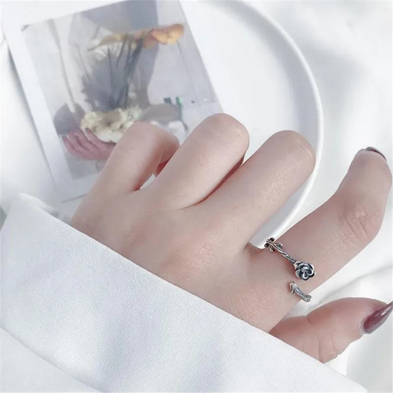 

POFUNUO 925 Sterling Silver Distress Thorny Rose Rings Vintage Style Women Trendy Chic Sterling Silver Rings Korean Fine Jewelry