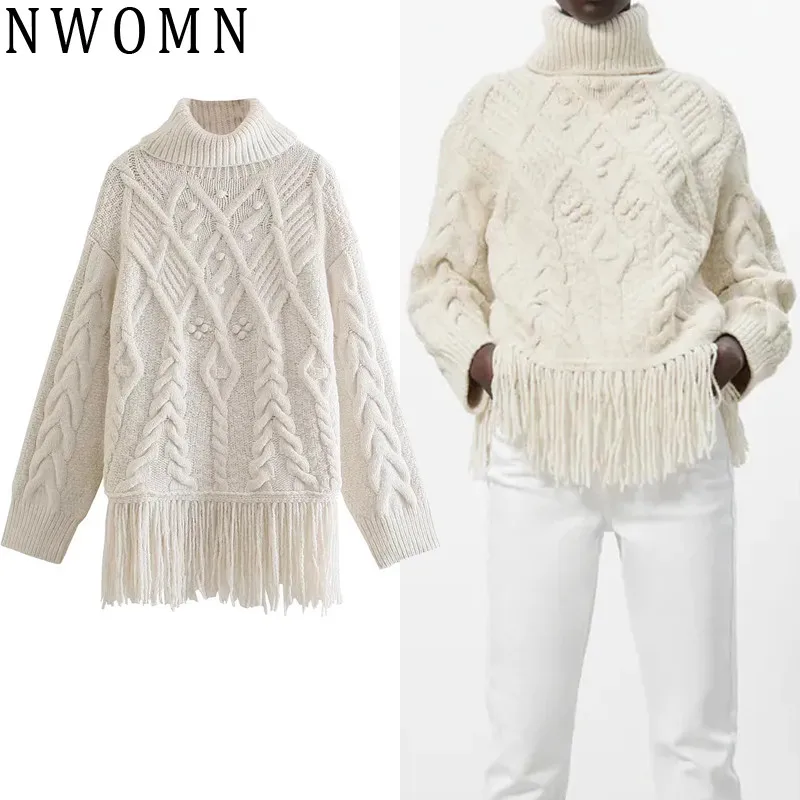 

NWOMN Za Women's Turtleneck Fall White Knitted Women Sweater Fashion Fringed Pullover Woman Long Sleeve Knit Elegant Woman Top