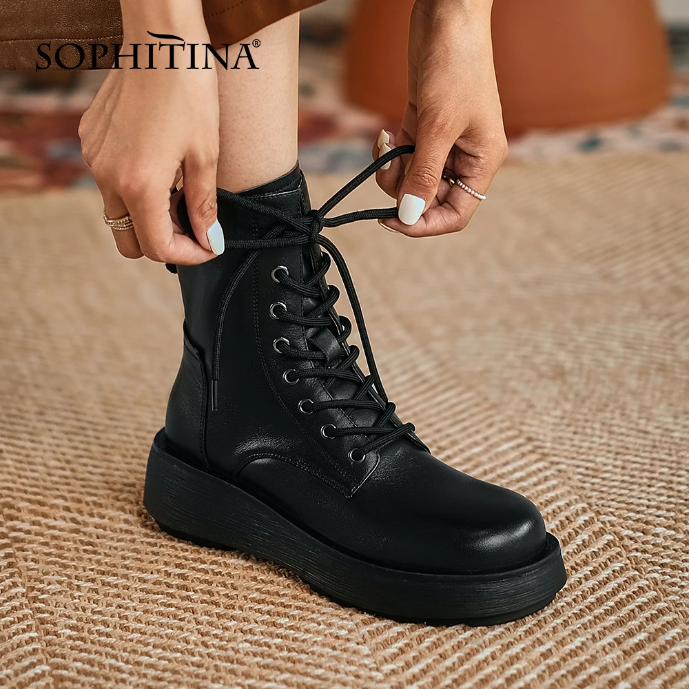 

SOPHITINA New Platform Boots For Women Female Shoes Cross Strap Round Toe Handmade Shoes TPR Non-slip Woman Mid-calf Boots HO294