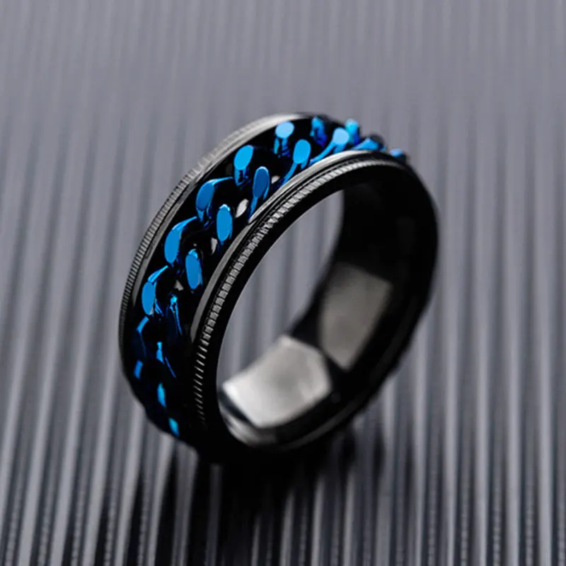 Гламурные мужские кольца из черной нержавеющей стали с синей цепочкой дорожные в