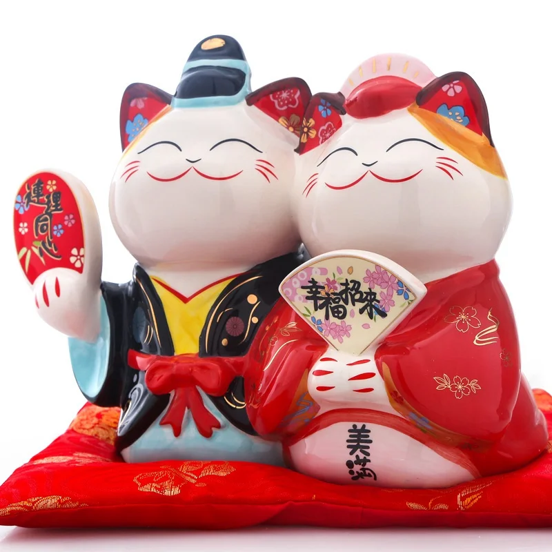 A 9 дюймов Свадебные Maneki Neko орнамент керамическая пара Lucky Cat подарок для украшения дома фэн шуй Копилка статуя - Цвет: A