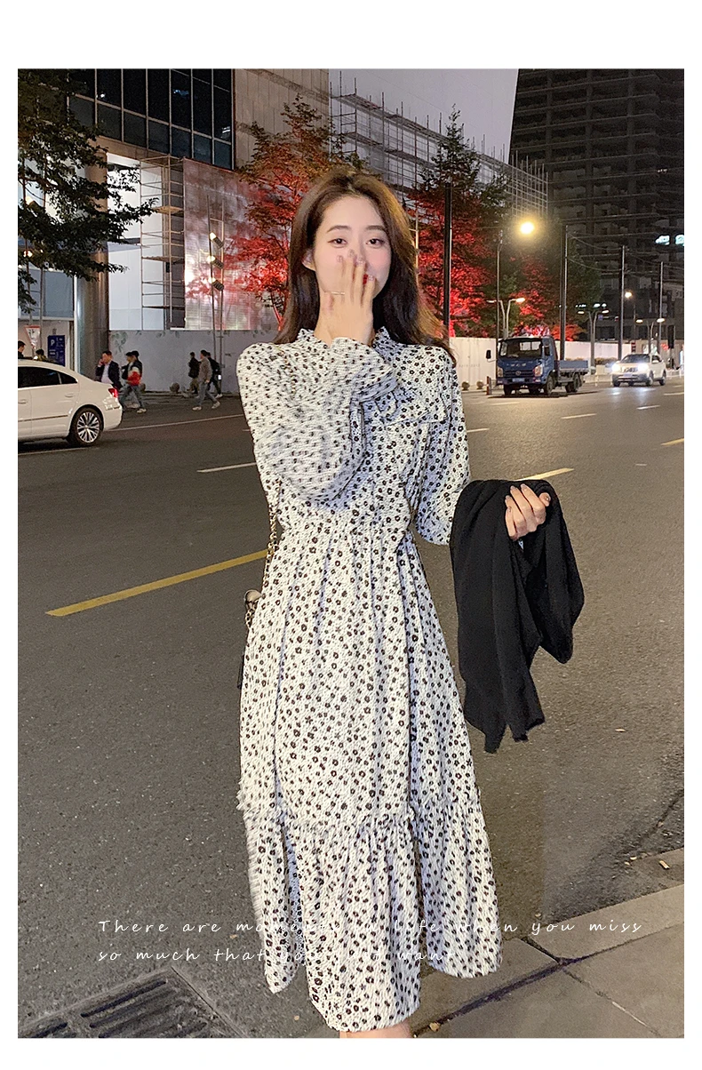 Шифоновое Цветочное платье с высокой талией и длинным рукавом