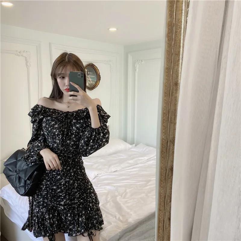 Korean style ruffles print mini-dress woman v-neck designer fashion brand bodycon dresses evening party autumn ladies vestidos | Женская