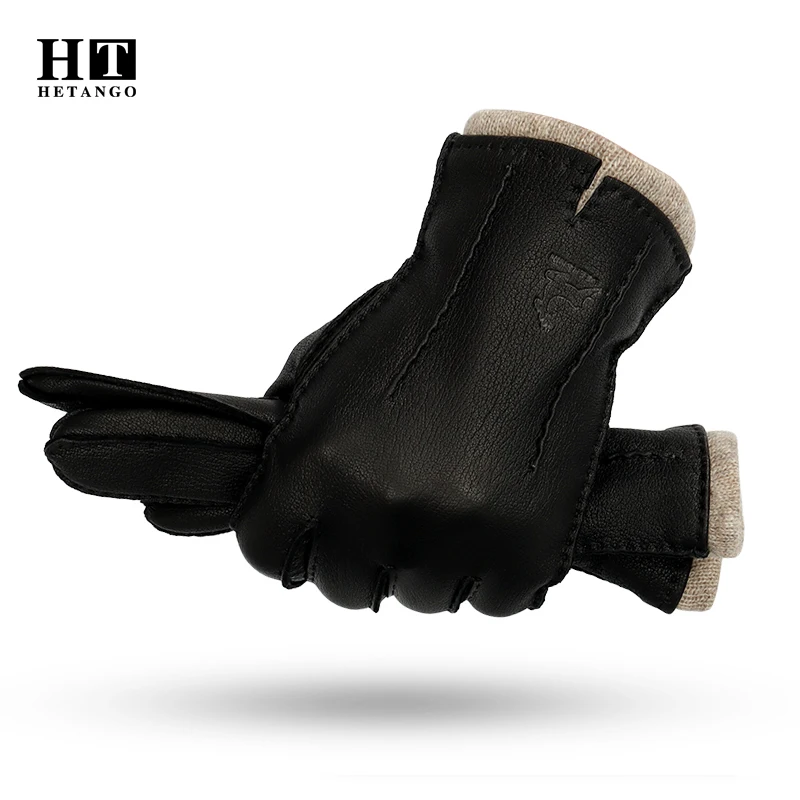 Nowe zimowe męskie skórzane rękawiczki wysokiej jakości Deerskin ręcznie szyte ciepłe czapki odporne na wzór fali zimno-dowód Mitten 70% wełniana podszewka