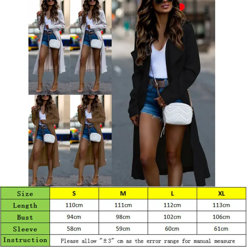 

Fashion Women Long Sleeve Lapel Trench Coat Solid Turn Down Collar Cardigan Windbreaker Loose Slim Long Trench Cardigan Outwear