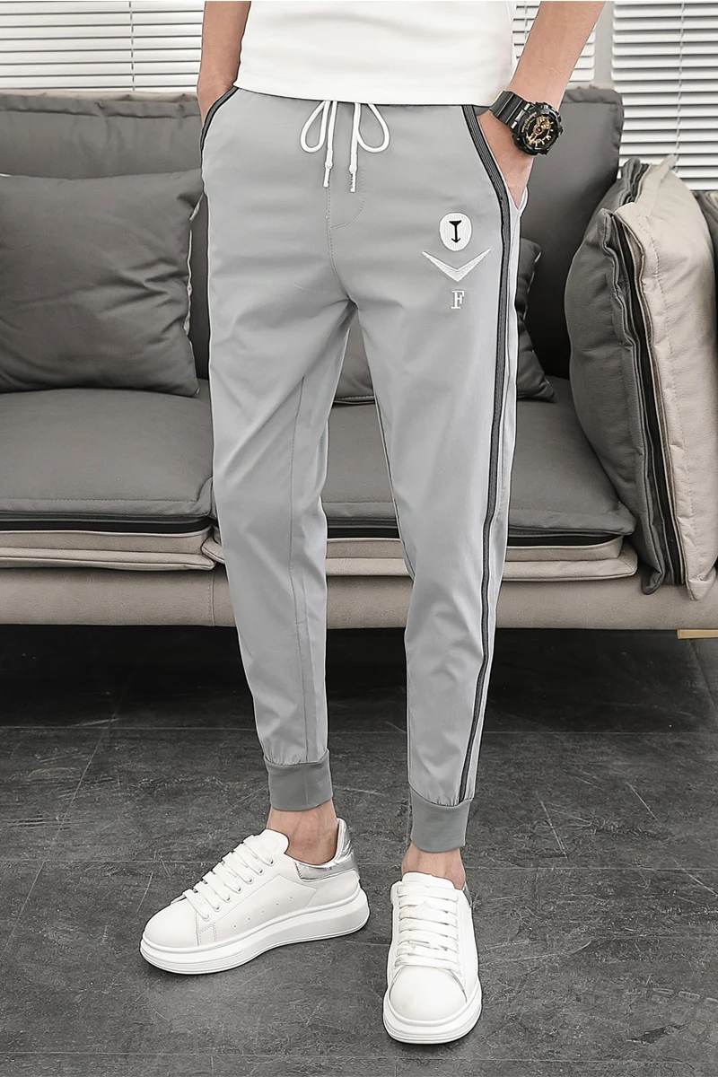 

Fashion 2021 Summer Joggers Men Korean Slim Fit Embroidery Pants Men Ankle Length Hip Hop Mens Casual Harem Pants Black/Gray 36