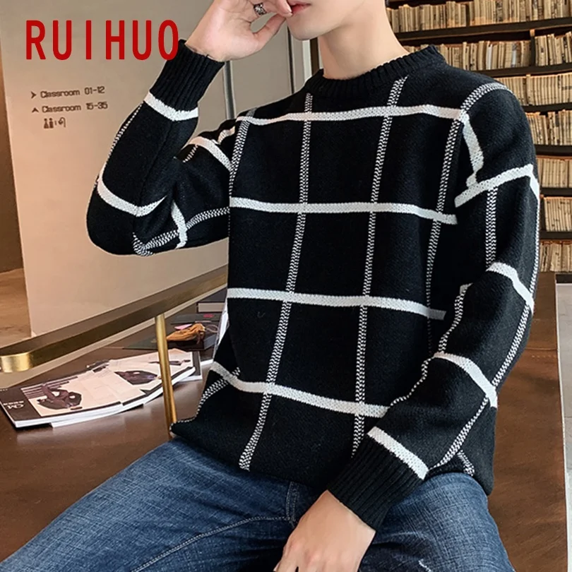 RUIHUO 2021 новый весенний клетчатый свитер для повседневной носки мужчин Slim Fit