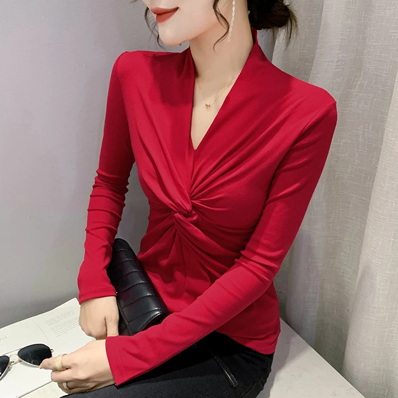 

South Korea 2021 fall/winter tight sexy cross V-neck long sleeve T-shirt women versatile thin solid color bottom top trend