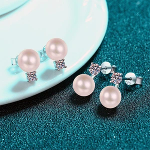 Trendy 925 Silver Natural Freshwater Pearl Moissanite Stud Earrings for Women Plated Pt950 Gold Moissanite Earrings Party Gift