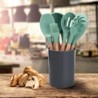 kitchen utensils set 9pc silicone cookware heat resistant wooden handle non stick spatula shovel cooking utensils baking tools