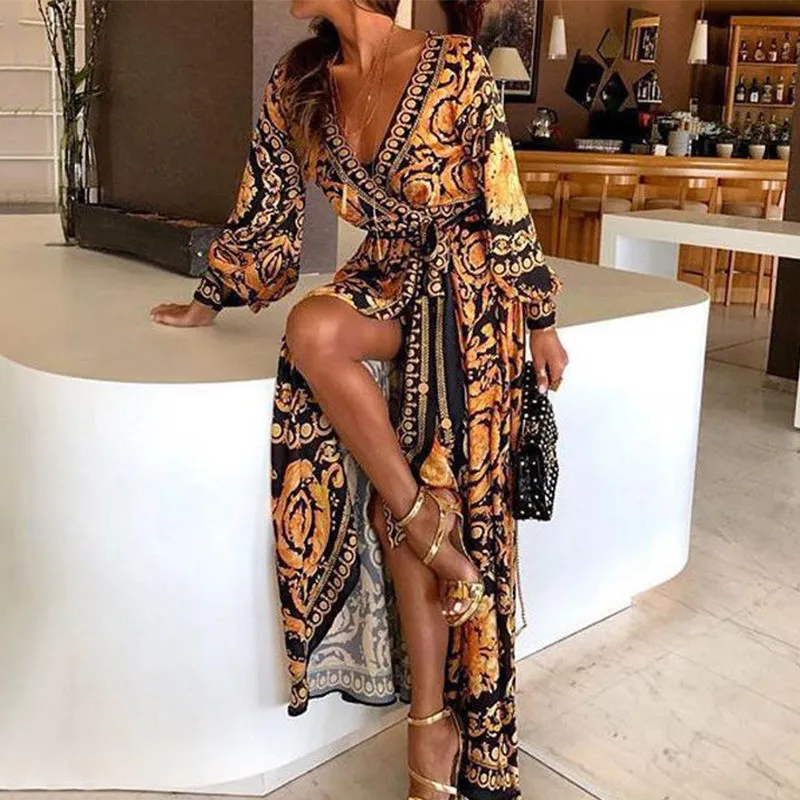 

Women Boho Beach Dress Summer Fall Printing Full Sleeve Deep V Neck Split Vestidos Fashion Long Sundress Party Holiday Vacation