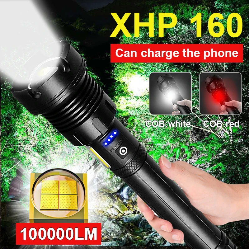

Светодиодный фонарик XHP160 высокой мощности, перезаряжаемый тактический фонарь с зумом и USB 18650, яркий светильник для кемпинга, рабочая ручная...
