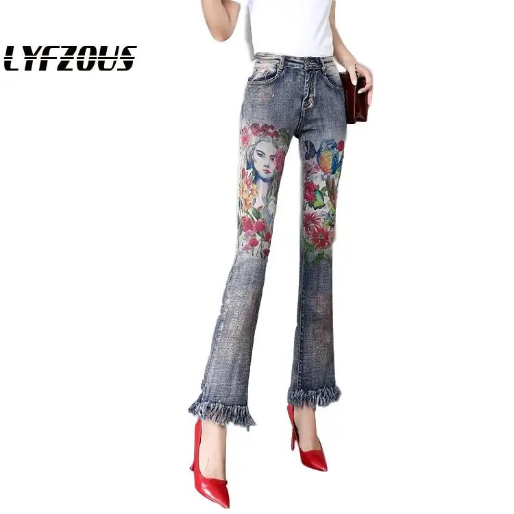

Женские раскрашенные бронзовые джинсы, Новые Модные расклешенные джинсы с принтом, женские узкие джинсы с высокой талией, джинсы с широкими...