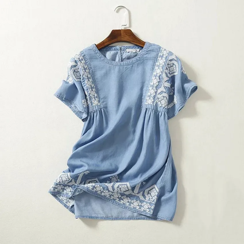 

Женская джинсовая рубашка с вышивкой, повседневная винтажная блузка в стиле бохо, рубашка из денима в этническом стиле ретро, лето 2021