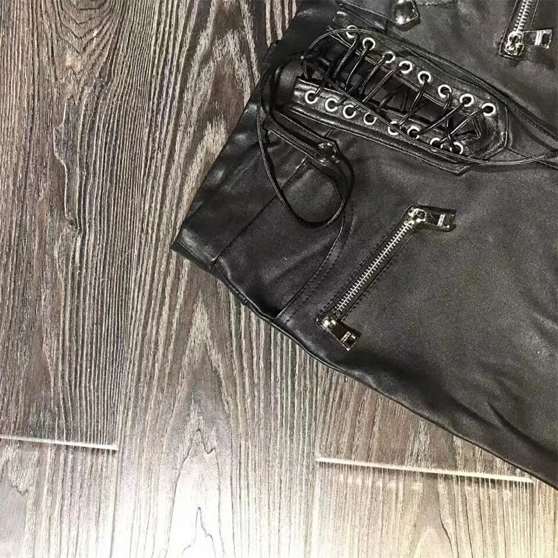 

Sheepskin Fashion Womens Matte Pencil Pants Biker Skinny Zipper Lace Up Stretchy Genuine Leather Pants Punk Ladies Slim Trousers