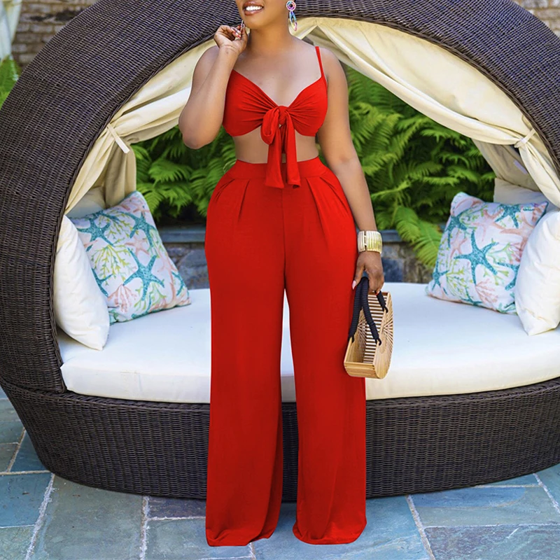 

Two Piece Chic Pants Suits Spaghetti Strap Crop Top & Loose Wide Leg Pants Matching Set