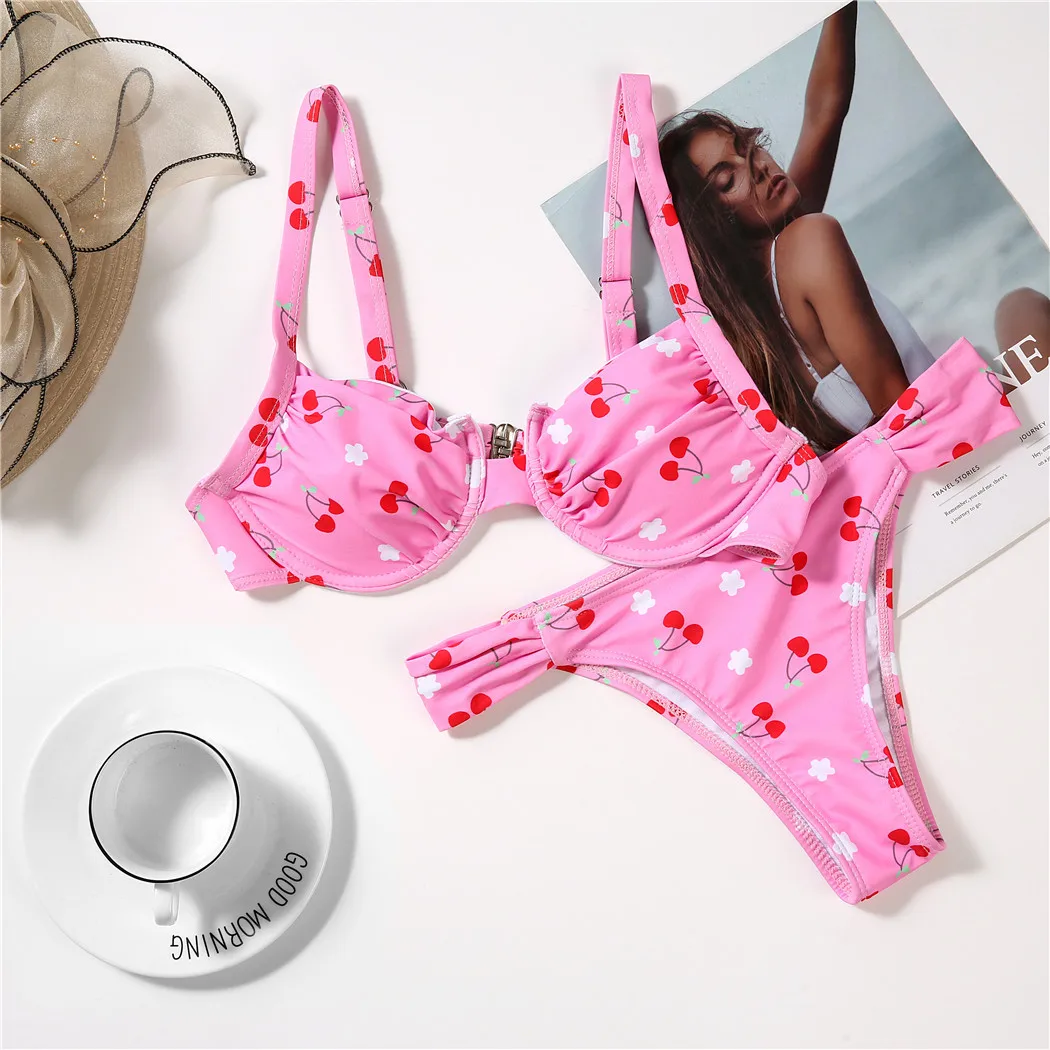 

2021 New Arrivals Pink Color Cute Kawaii Fruit Swimwaer Sexy Cherry Print Bikini Sets + Thongs Brazilian Pants Pool Party