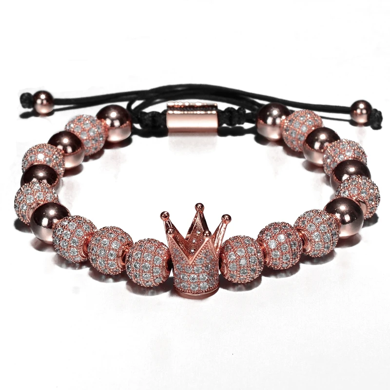 Crown Rose Gold A Роскошные браслеты мужские 8 мм Micro Pave CZ круглый плетеный макраме браслет Pulseira Feminina ювелирные изделия ручной работы для женщин подарок - Окраска металла: Crown Rose Gold A