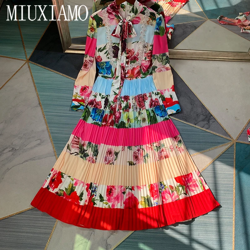 

MIUXIMAO 2021 Spring Summer Dress New Cute Flower Print Elegant Long Sleeve Lace Diamonds Slim Dress Women Vestidos Bow