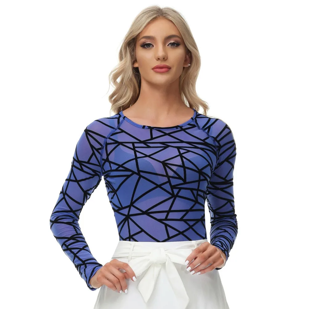 

Kate Kasin Women's Leopard Pattern Mesh T-Shirt Tops Long Raglan Sleeves Scoop Neck