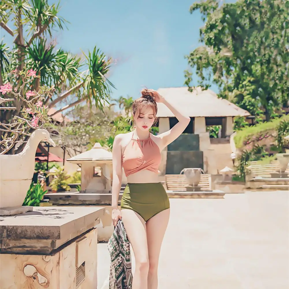 

2021 new Student Swimsuit Drawstring Gathered Bikini Girls Contrast Color Swimwear for Student ackless Suit Swim