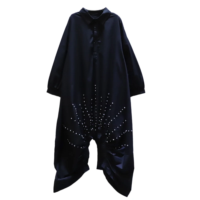 

IEQJ Women Yellow Lapel Collar Asymmetrical Pleated Dress New Long Sleeve Over Size Patchwork Rivet Fashion Summer 2021 8P552