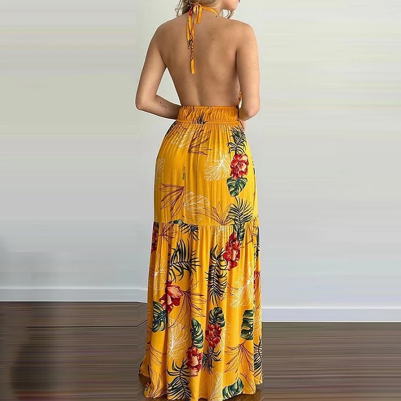 

2021 Summer New Women Elegant Maxi Dress Vintage Long Sexy Backless Dress Beach Dress Floral Sundress ladies Party Club Wear