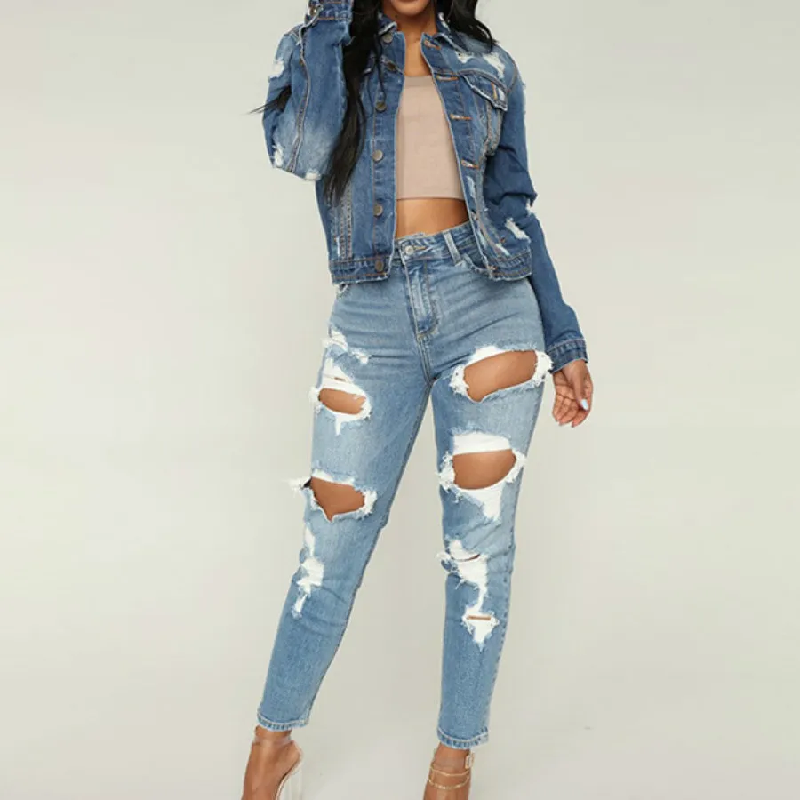 Женские джинсы с дырками повседневные облегающие брюки карандаш высокой талией