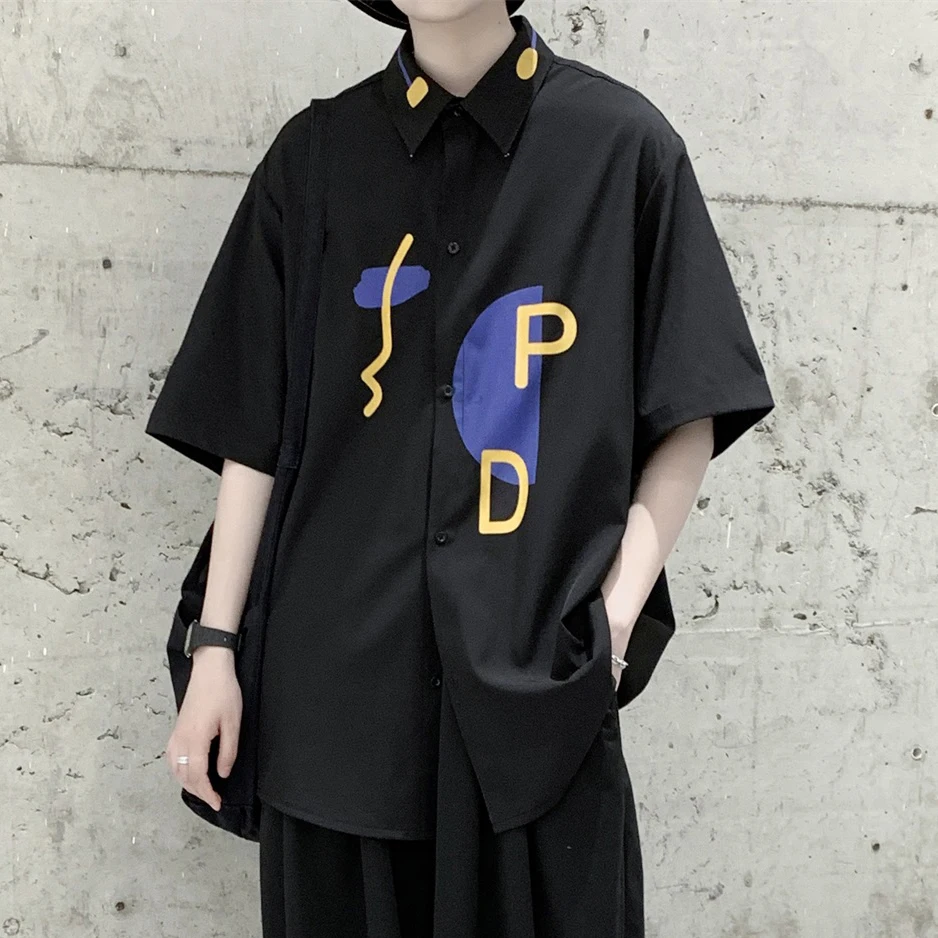 

Men Summer Fashion Printed Short Sleeve Shirts Loose Korean Style Chic Shirt Mens Streetwear Tops Clothes Black/White