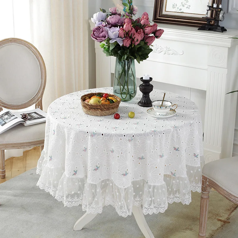 

European White Embroidered Tablecloth for Party Hotel Banquet Wedding Table Cloth Round Elegant Lace Dinning Table Cover Floral