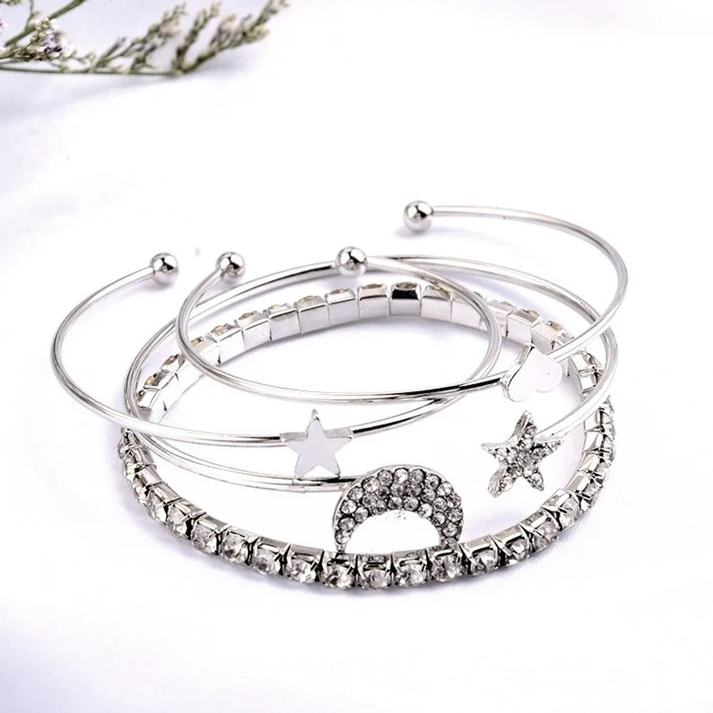 

4pcs/lot Gold Styles Boho Bangle Heart Star Moon Crystal Bead Bracelet Set Women Charm Party Wedding Jewelry Bangles Bracelets
