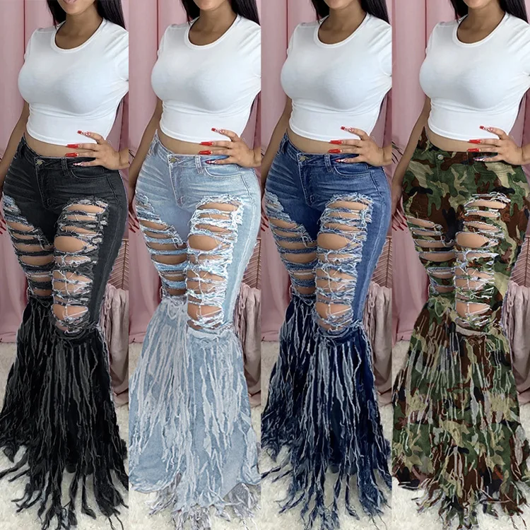 New  women's fashion personality fringed brushed denim trousers women's jeans flared pants