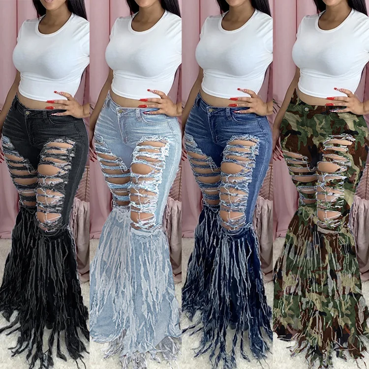 

European and American plus size women's fashion personality fringed brushed denim trousers women's jeans flared pants