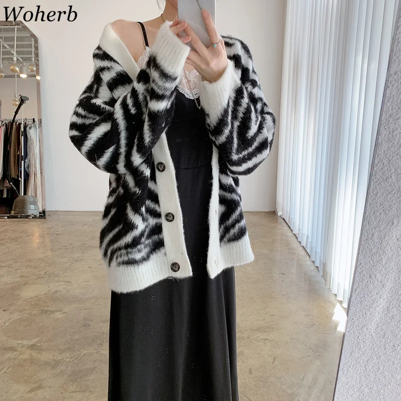 Woherb плотный свитер кардиган женская мода Повседневный с V-образным вырезом