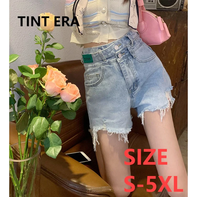 

TITN ERA размера плюс жира мм рваные джинсы для женщин новые летние Стиль в Корейском стиле с высокой талией штаны прямого покроя с летними шорт...