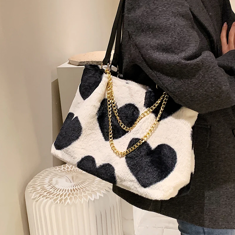 

с доставкой Soft Faux Fur big Shoulder Bag for Women 2021 Winter cow Pattern Chain High Capacity Handbags Purses Brand Designer