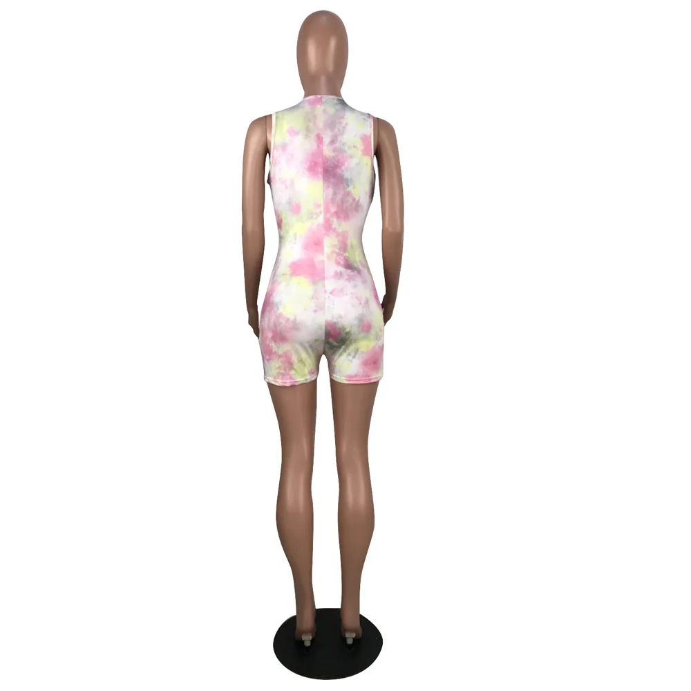 

Cross Lace Up Hollow Slim Fit Playsuit for Women Sexy Tie Dye Print Sleeveless Bandage Bodysuit Street Style One Piece Overalls