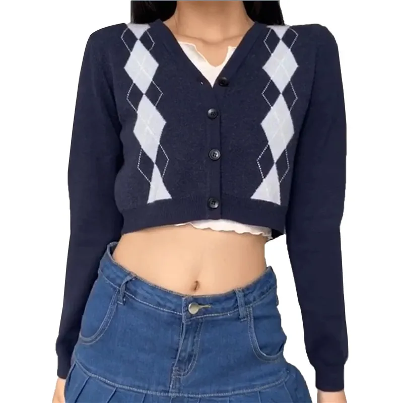 

Women Knit Coats Diamond Check Cardigan Sweaters Knitwear Long Sleeve Crew Neck Soft Vintage Autumn Tops Lady Jumper