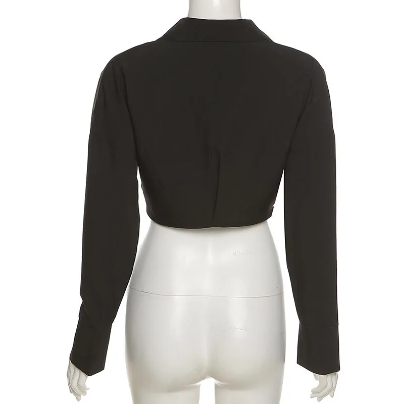 

2021 Autumn Winter Fashion Chic Women Casual Long Sleeve Solid Black Short Crop Blouse Shirt For Female