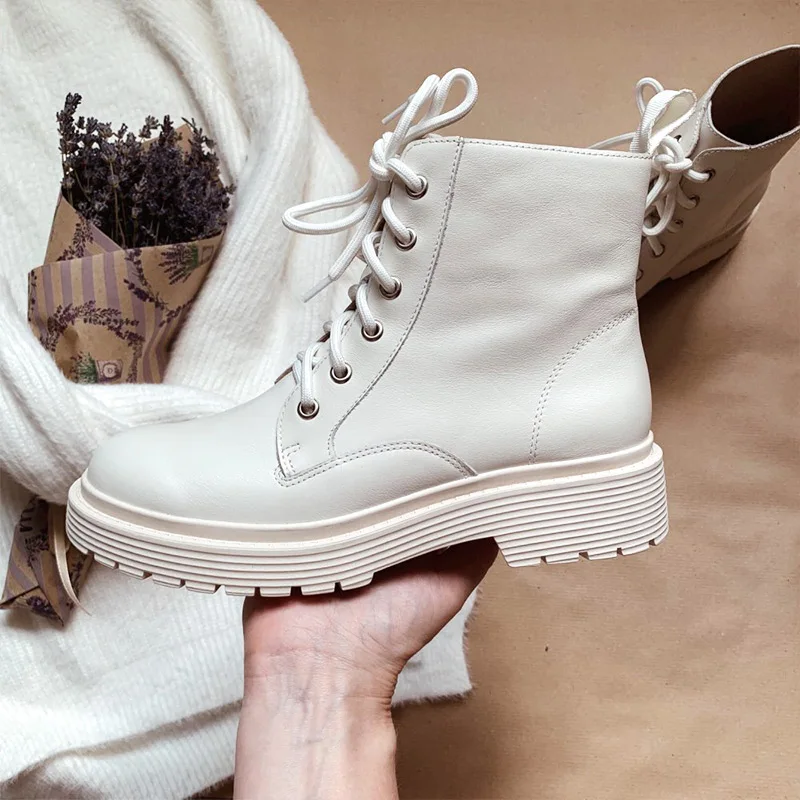 

Ankle Boots Women Genuine Cow Leather Lace-Up Round Toe Lady Booties Autumn Winter Platform Sole Shoes Handmade Women Shoes