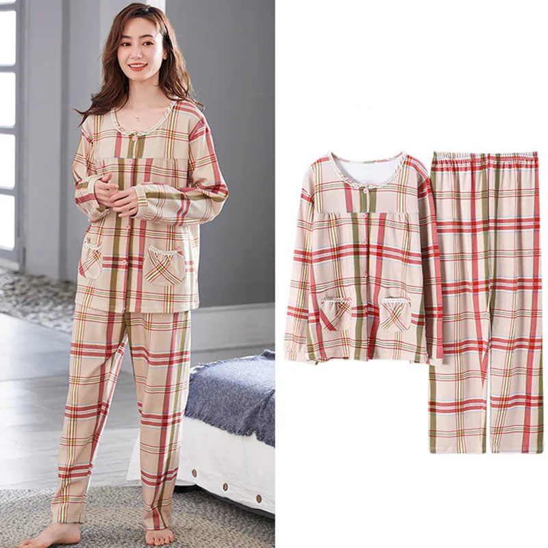 

Повседневная Хлопковая женская пижама Fdfklak в клетку, новый свободный домашний костюм большого размера, одежда для сна с длинным рукавом и принтом, женская пижама на пуговицах