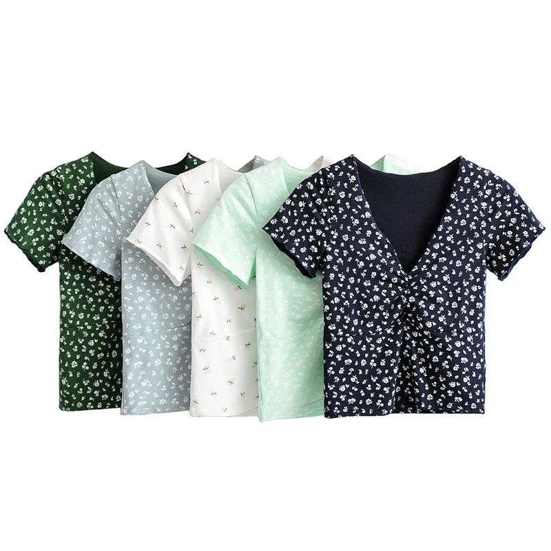 cultivate morality deep v-neck bosom smoke wrinkled white floral short sleeve T-shirt render unlined upper garment | Женская одежда