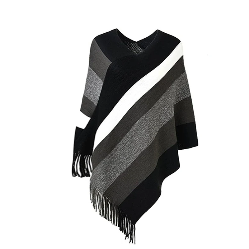 

Women Winter Cloak Soft Knitted Stripe Tassel Cardigan Capes Shawl Coat Ponchos Female Ethnic Cape Poncho Cloak Dropship
