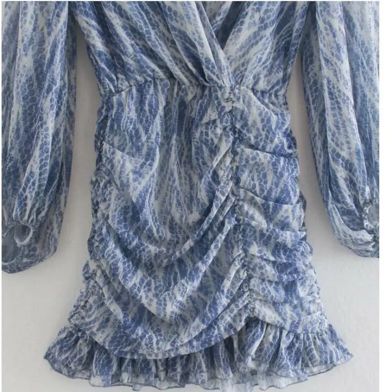 

Fall New Snake Print Pleated Mini Dress Women Deep V-Neck Ruffle Sexy Short Skirt Female Lantern Sleeve Chiffon Vintage Dresses
