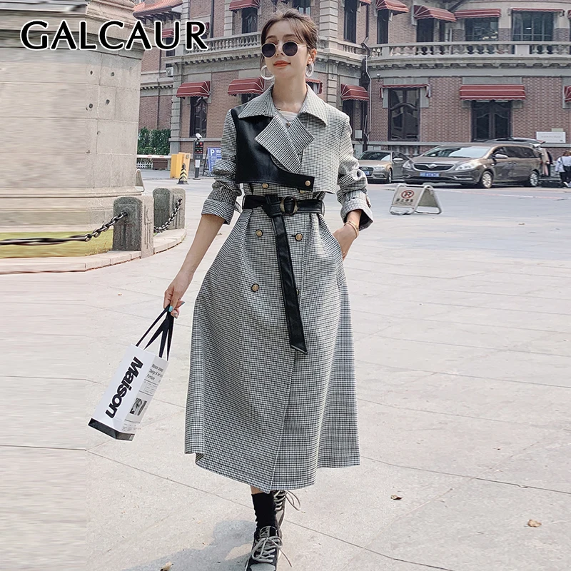 

GALCAUR Plaid Colorblock Trench Coats For Female Lapel Collar Long Sleeve High Waist With Belt High Waist Slimming Women's Coat